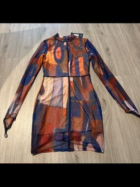 Women's Long Sleeve Mesh Dress in Blue & Orange
